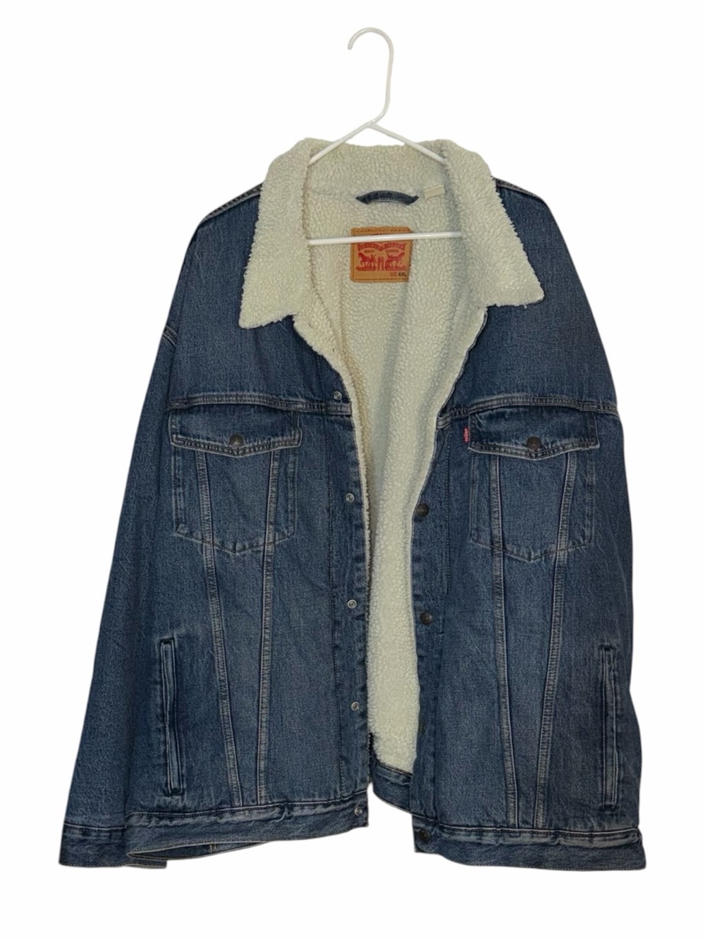 Levi's Trucker Blue Denim Jacket with Cream Sherpa Lining Collar 6XL Big & Tall
